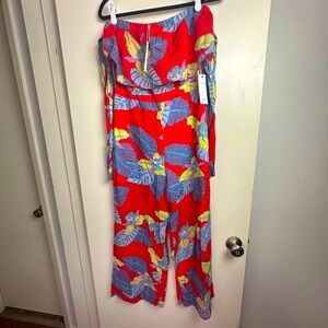 Blush Red With Yellow & Blue Leaf Print Hawaiian Ruffle Top Soft Jumpsuit NWT M